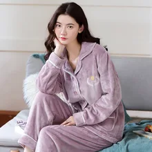 Women Print Warm Flannel Pyjamas Sets Girl Cartoon Thin Coral Velvet Long Sleeve Sleepwear Pajamas Set Fall Winter