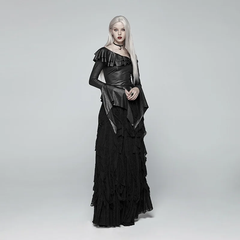 PUNKRAVE готический черный асимметричный воротник женская футболка Новинка Нерегулярные рукава Панк кожаные топы мода сексуальное для вечеринок футболка