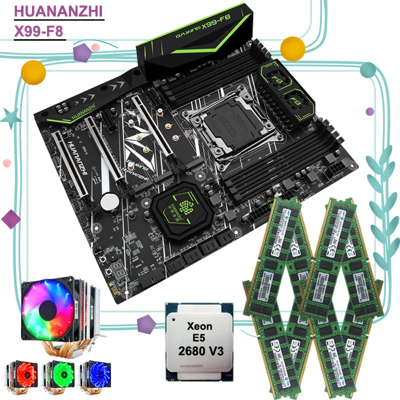 ^Cheap HUANANZHI X99-F8 motherboard with dual M.2 NVMe SSD slot M.2 WIFI CPU Intel Xeon 2680 V3 with cooler RAM 128G(8*16G) DDR4 RECC