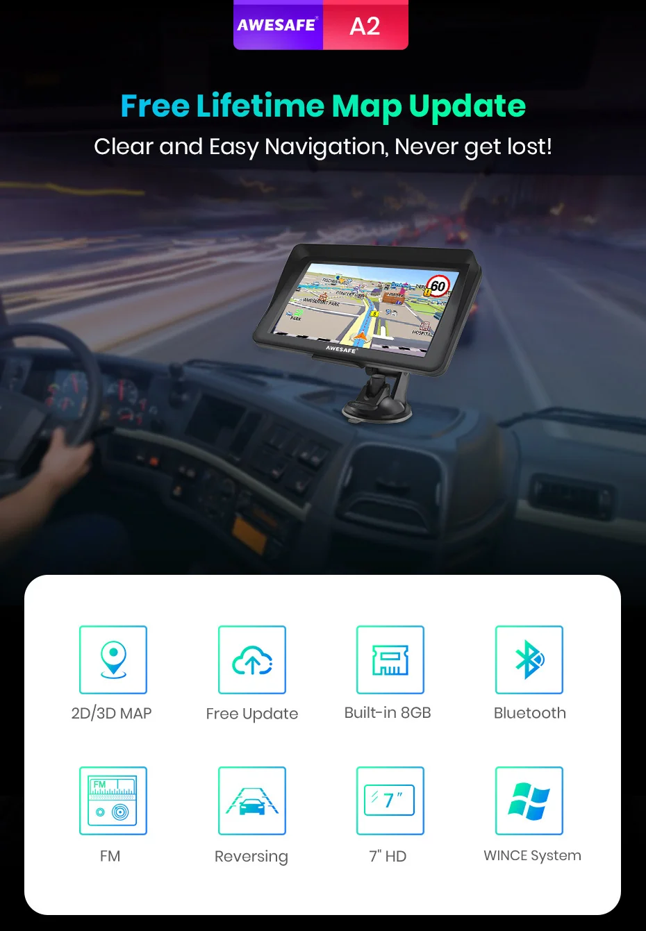 AWESAFE автомобильный навигатор gps 7 дюймов сенсорный экран навигации устройство навигации Системы с Пожизненное бесплатное обновление карты Bluetooth