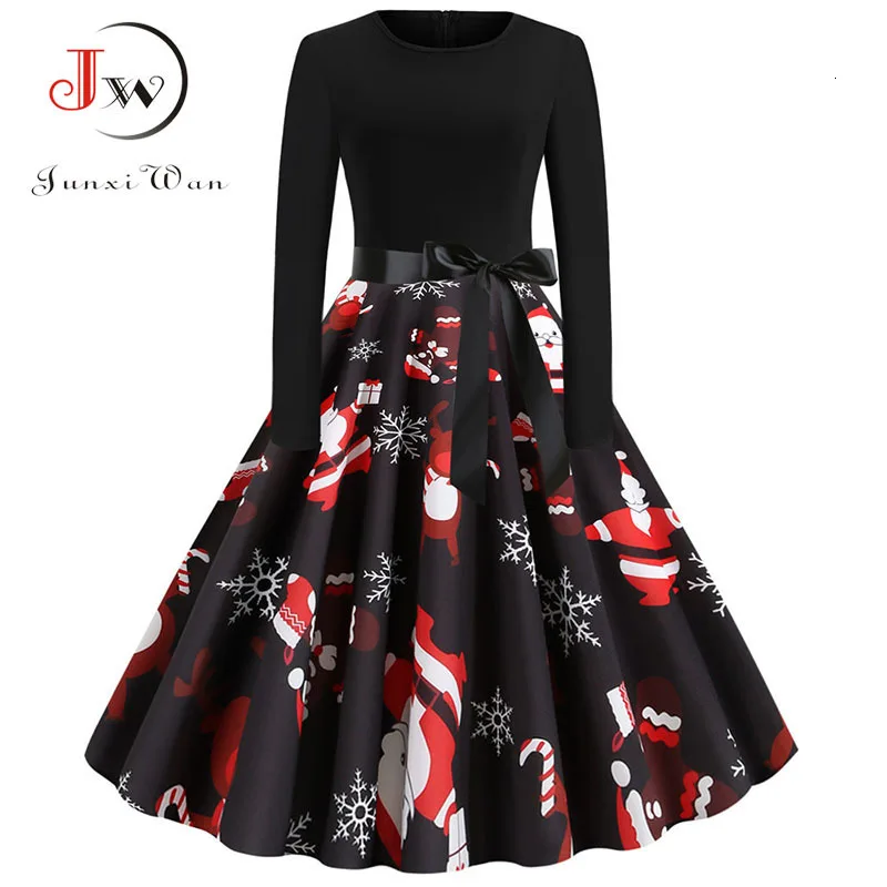

Women Black Elegant Vintage Christmas Dress Casual Long Sleeve Autumn Winter A-line Print Party Pin Up Dress Vestidos Plus Size