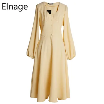 

Elnage Slim Waist V Neck Long Sleeve Dress Midi Solid A Line Medium Length Simple Commuter Spring Summer Vestido Clothes 5A393