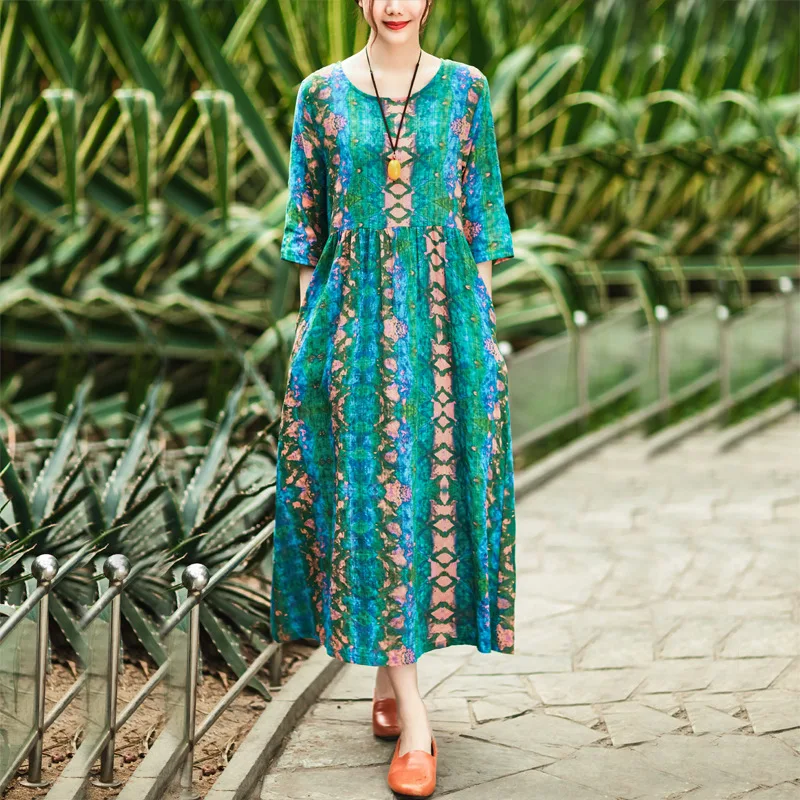 

2019 Summer New Style Retro Literature And Art High-waisted Printed Large Size Loose-Fit Dress Three-quarter-length Sleeve Robe