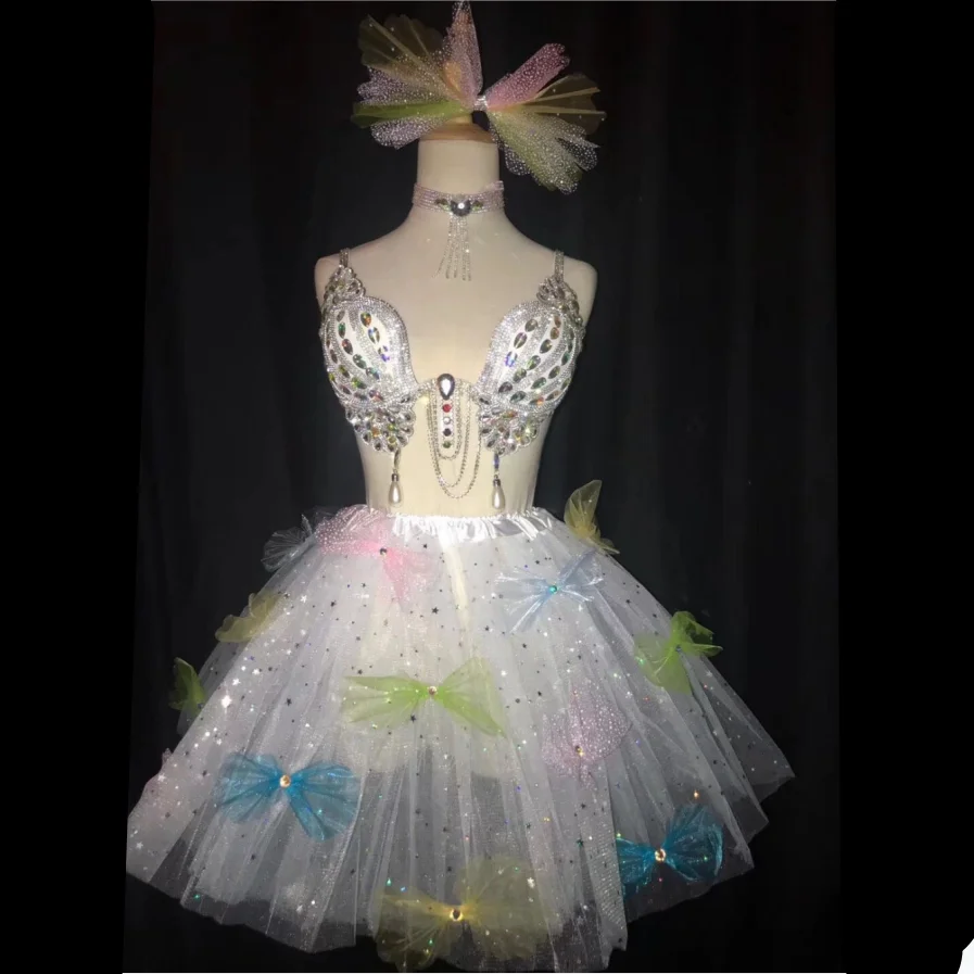 

Фата с бабочками Стразы сексуальный комплект Блузка + вуаль + воротник + головной убор (четыре комплекта) Супер Блестящий праздничный костюм для вечерние ринки