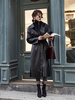 

DBYCOOL Women Black Long Leather Jacket New Motorcycle Loose Pu Leather Trench Coat Biker Jacket Women Outwear