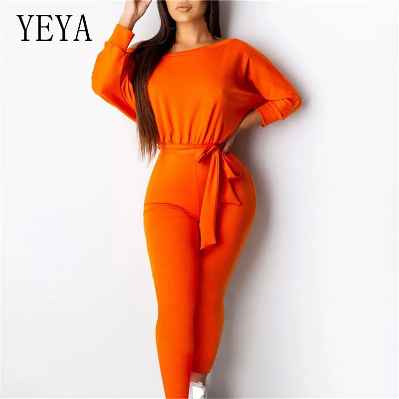 

YEYA Long Sleeve Autumn Women Jumpsuit Off Shoulder Sashes Rompers Casual Sportswear Bodycon Overalls Neon Color Plus Size XXL