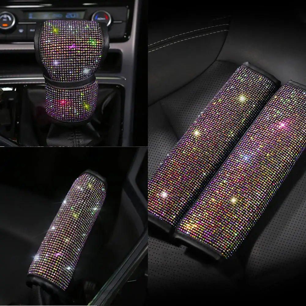 

3pcs/Set Crystal Diamond Seat Belt Cover & Gear Shift Knob Cover & Handbrake Cover Rhinestone Leather Handcraft Car Accessories