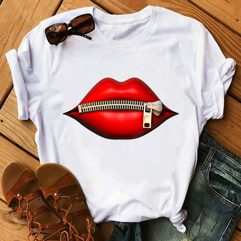 

Sexy Zipper Lips Print T Shirt Women Short Sleeve O Neck Loose Tshirt Women Tee Shirt Tops Female Clothes Camisetas Mujer