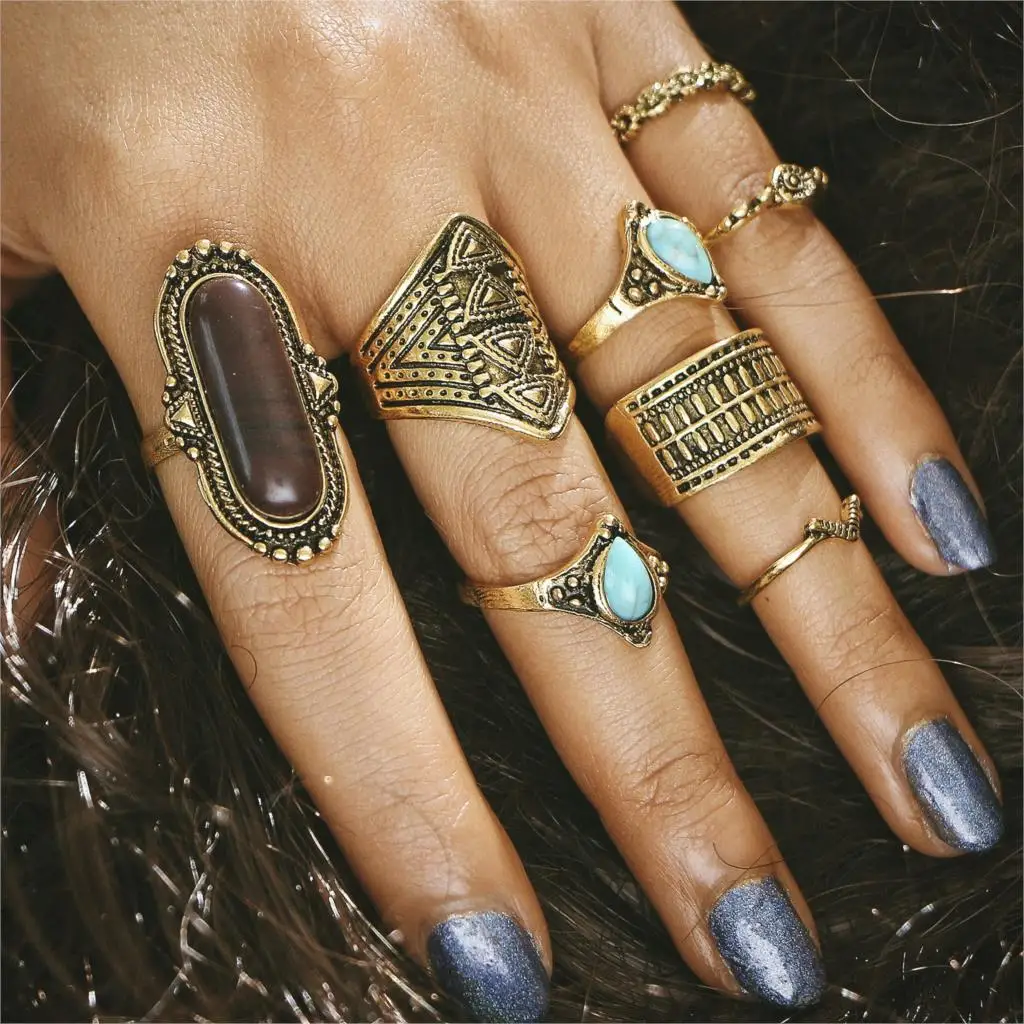 

8 Sets of Rings The Ring Is Popular In Retro National Style, Gems and Combination, Six Sets of Rings