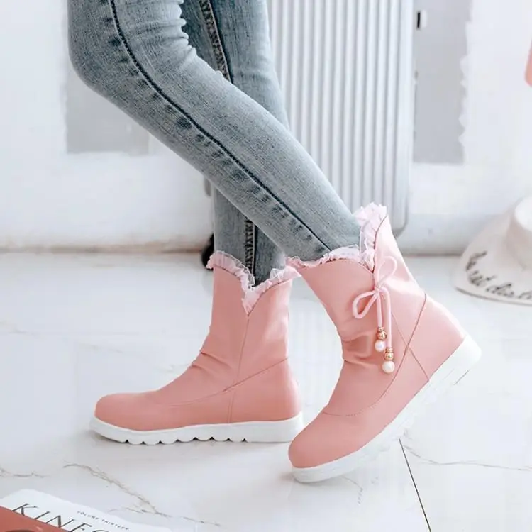 

Ankle Boots For Women Shoes Woman Pink Snow Hidden Heel Winter Womens Fashion Ladies Black White Round Toe Butterfly-knot Solid