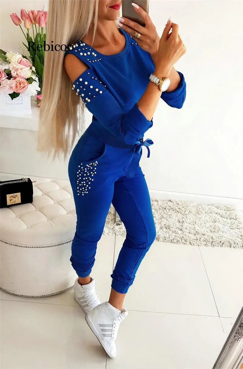 

Women Casual 2 Piece Outfits Patchwork Hollow Out Design Beading Decor O-Neck Long Sleeve Solid Top+Drawstring Slim Pencil Pants