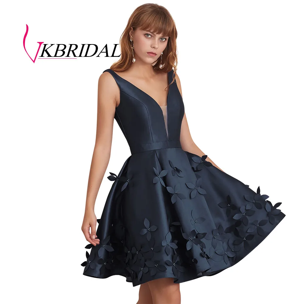 VKBRIDAL с низким вырезом на спине тёмно-синие короткие платья для выпускного вечера сексуальное подключения-водолазки для девочек атласное платье Встреча выпускников/корпоративы Выпускной платье - Цвет: Тёмно-синий