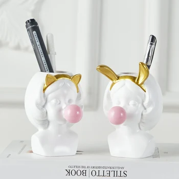 

White Resin Vase Flower Pot Nordic Style Cute Catwoman Human Head Flower Vases Basket Pen Brushes Holder Home Decoration