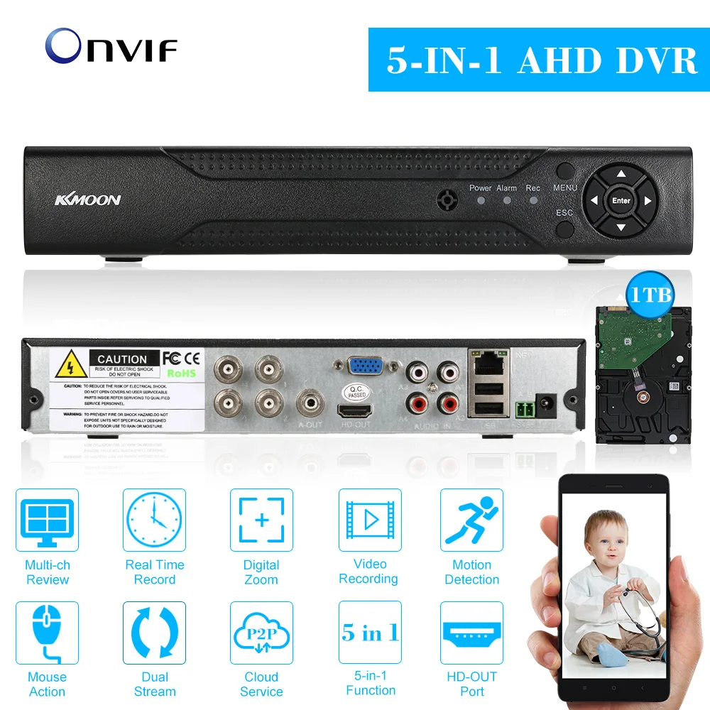 

KKmoon 4CH AHD DVR HVR NVR Video Recorder 1080N/720P + 1TB Seagate HDD P2P Onvif 4CH AHD DVR Recorder For CCTV Security System