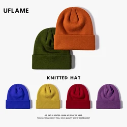 UFLAME Women's Hats In Winter Solid Color Knitted Cap Soft Beanies Unisex Warmer Hip Hop Skullies Beanies Couple Acne Hats Men