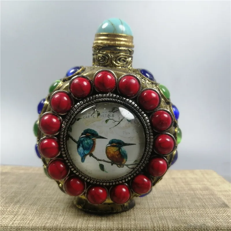 

Chinese Old Beijing Old Goods Collection Old Copper Tire Cloisonne With Turquoise Snuff Bottle Flowers And Birds