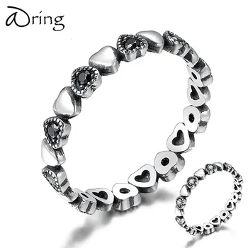 

ARING GENUINE 925 STERLING SILVER STACKABLE RING HEART BLACK CZ FINGER RINGS FOR WOMEN WEDDING ANNIVERSARY JEWELRY ANEL SCR140