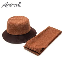 [AETRENDS] унисекс, Зимняя шерстяная шапка-ведро с шарфом, набор для мужчин и женщин, шерстяные шляпы в рыбацком стиле, плоская кепка, Панама, Z-10088