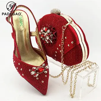 

Classics Italian Women Design Shoes Matching Handbag in Red Color with Shinning Crystal Nigerian Lady Shoes for Wedding
