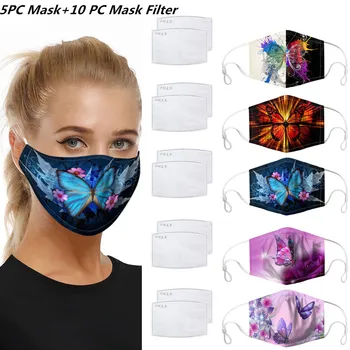 

5Pcs Adult Fashion Printed Mask Dustproof Windproof Foggy Haze PM2.5 Mask With Mask Gasket Face Mask Washable Reuseable Mask