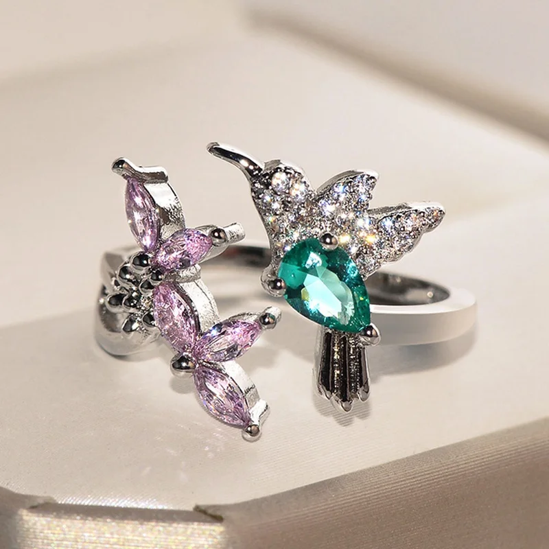 

Beiver Fashion Gift Hummingbird Ring for Woman Adjustable AAA Zircon Ring Female Color Bird Ring Lady Jewelry Gifts for Girls