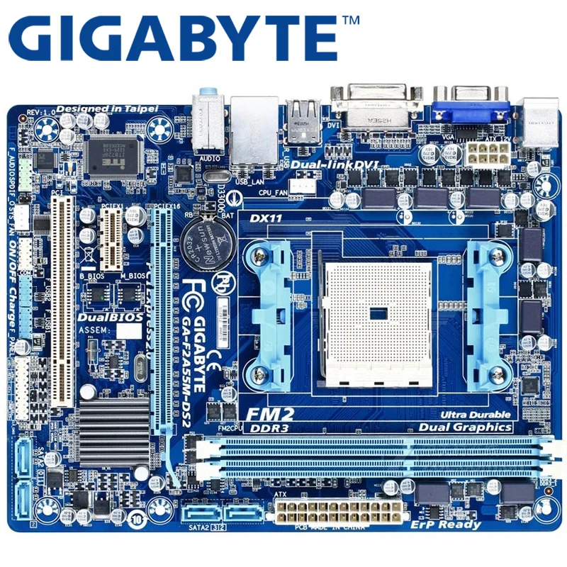 GIGABYTE GA-F2A55M-DS2 рабочего Материнская плата A55 гнездо FM2 для AMD A10 A8 A6 A4 Athlon 64G DDR3 F2A55M-DS2 б/у