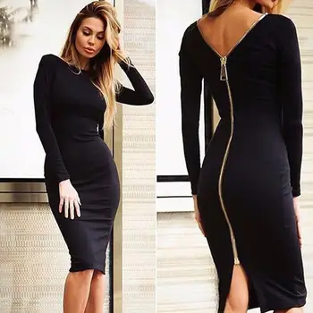 

New Design Full Zipper Back Long Sleeves Casual Dresses Sexy Women Stretch Spandex Tight Club Party Dress