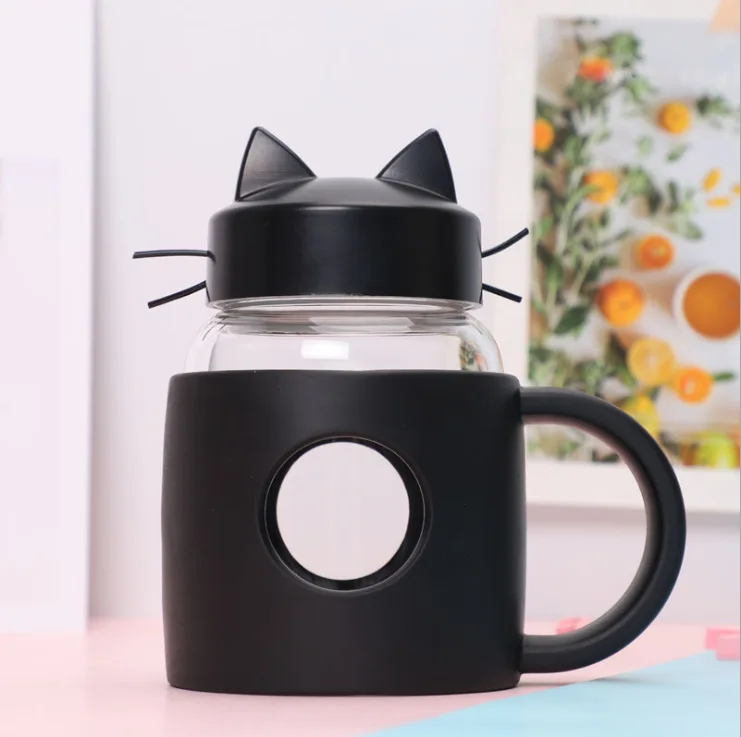 Black Милая кошка детская бутылка для воды для маленьких девочек женщин любителей термостойкие Мини стеклянные бутылки для сока и воды чашка для кофе и молока посуда для напитков - Цвет: Black