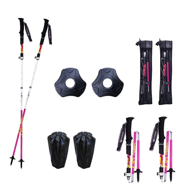Складные ультралегкие треккинговые палки с быстрым замком, походные палки для бега, трость из углеродного волокна с резиновыми наконечниками - Цвет: Pink 2 pcs
