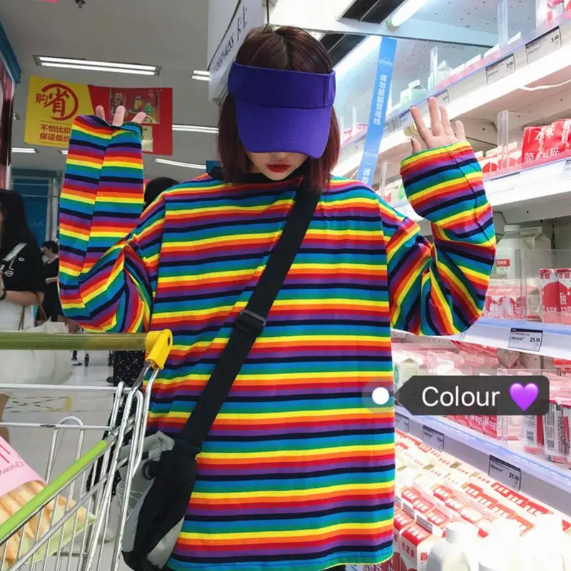 Harajuku/женская футболка в стиле панк с длинным рукавом для девочек, Радужный свитер в полоску, туника, топы, Повседневная Свободная уличная одежда в стиле хип-хоп