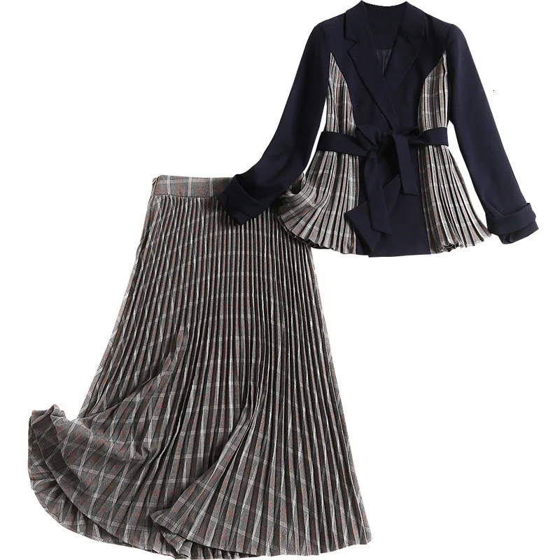 

2019 Women Autumn Blazer Skirt 2 Piece Set Long Sleeve Patchwork Belt Jacket Grey Plaid Mesh Skirt Pleated Midi Skirts Suit