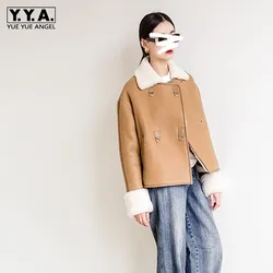 Winter Women Lamb Fur Short Biker Coat Streetwear Full Sleeve Real Fur Cargo Jacket Luxury Double Breasted Outerwear Female