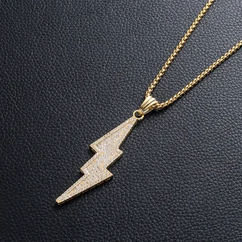

Hip Hop AAA CZ Stone Paved Bling Ice Out Gold Color lightning Pendants Necklace for Men Rapper Jewelry Drop Shipping