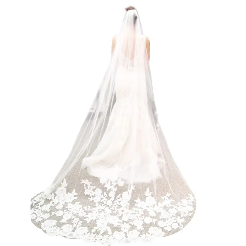 3 м один-Слои Для женщин ультра-платье с длинным шлейфом свадебная фата Романтический с цветочным орнаментом и вышивкой, с кружевными аппликациями, Лоскутная Длинная свадебная фата