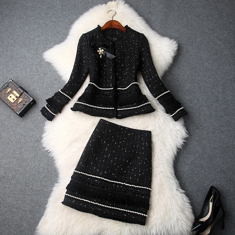 

HIGH QUALITY New Stylish Fall Winter 2019 Designer Suit Set Women's Fringed Tweed Jacket Skirt Suit