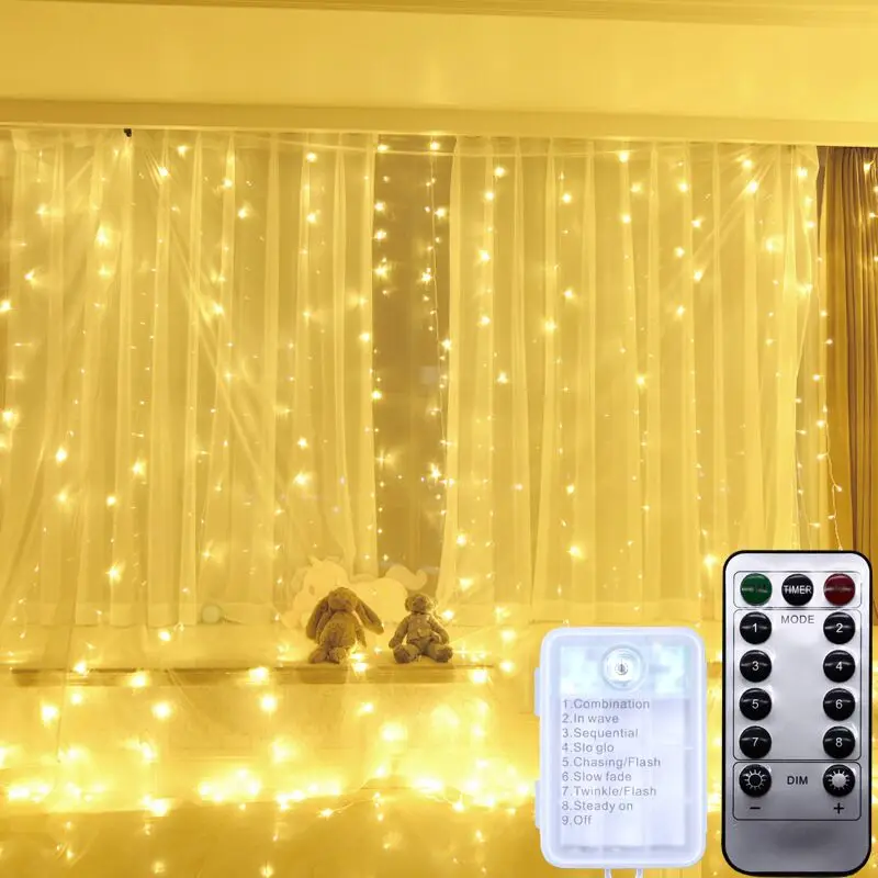 

3M*3M 300LEDs AA battery powered LED Curtain Fairy String Light Cooper wire Remote Controlled f/Wedding Party Home Garden Wall