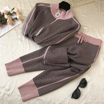 

Fashion Women Tracksuit Patchwork Turtleneck Zipper Knitted Cardigans Sweater Pants Suit 2 Piece Set Trousers Elastic