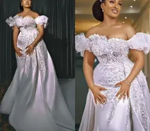 

2022 Pearls Mermaid Wedding Dresses Bride Gowns With Detachable Train African Off The Shoulder Beaded Appliques Robes De Mariée