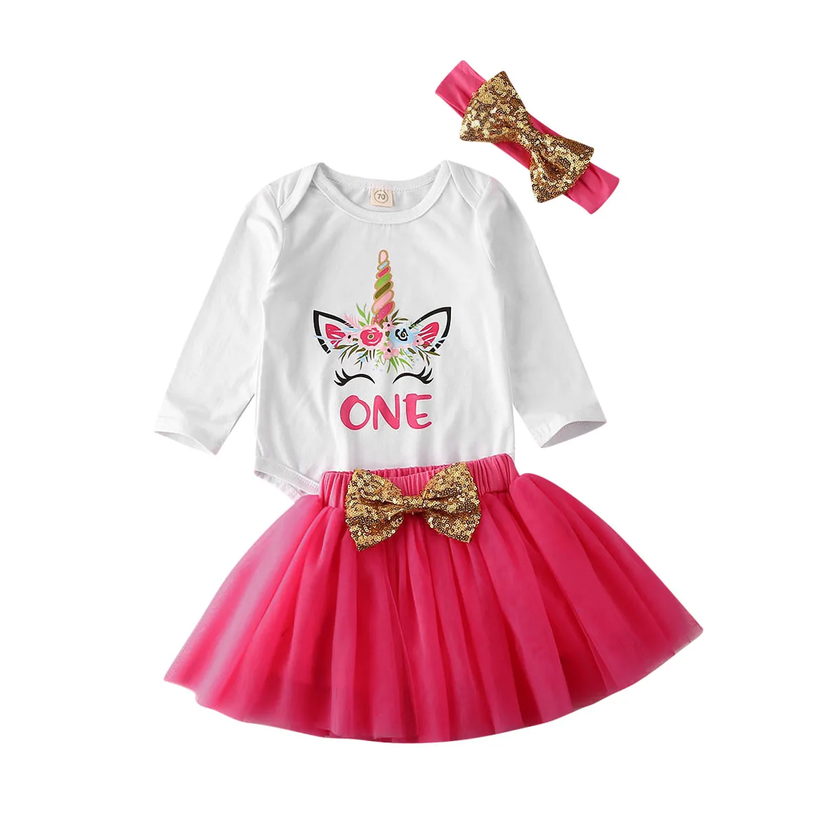 Г. Летняя одежда для малышей комплект одежды из 3 предметов для новорожденных девочек с единорогом, комбинезон с короткими рукавами+ юбка-пачка+ повязка на голову с блестками - Цвет: Rose Red Long Sleeve