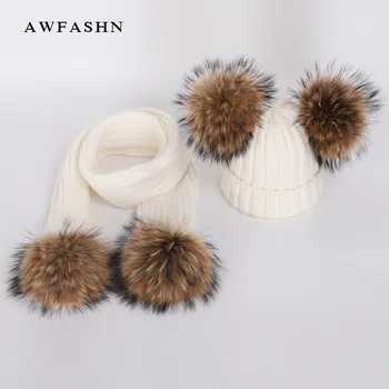 

New Cute Children's Raccoon Fur pom poms Knit Beanie Hat Scarf Boy Girl Winter Thicken Hedging Cap Scarves Soft Ski Baby Kids