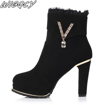 

19 winter women's boots sexy shallow mouth rhinestone fashion boots side zipper short plush Round head stiletto high heel boots