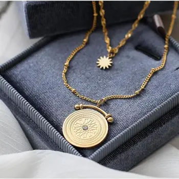 Vintage Double Layers Stainless Steel Baroque Texture Coin Pendant Plated Necklace