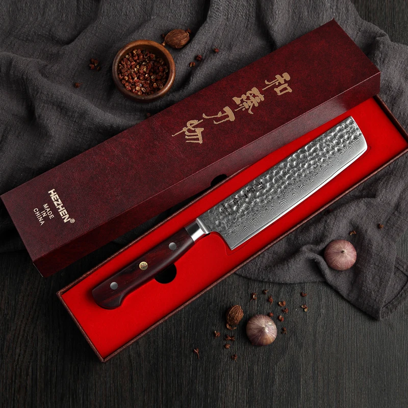 HEZHEN японский нож шеф повара Nakiri 7 дюймов дамасская сталь кухонные ножи