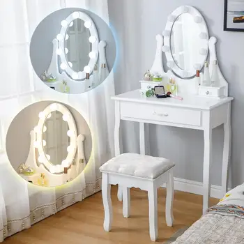 

Single Drawer Dressing Table 75X40X139cm With LED Light Beauty Table Solid Wood Legs With Stool Simple Nordic Makeup Table HWC