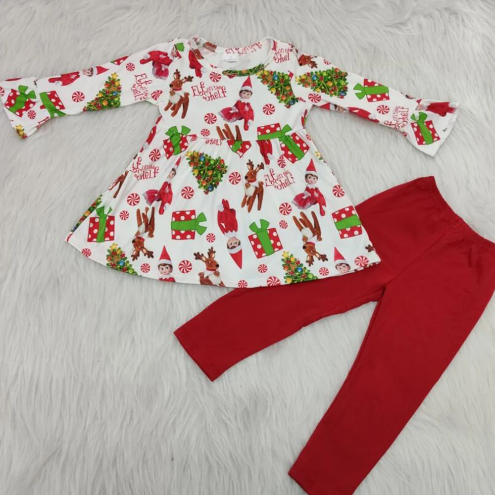 Одежда для маленьких девочек в рождественском стиле; Платье с принтом милых кукол и оленей; однотонные красные штаны
