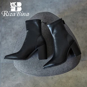 

RIZABINA Women Short Boots Sexy Pointed Toe High Heel Winter Shoes Woman Warm Mid Calf Boot Office Lady Footwear Size 34-40