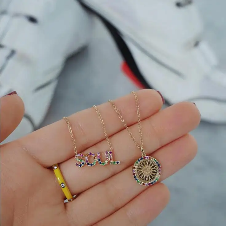 

2019fashion rainbow colorful cz Initial Necklace Personalized Meaning Letter SOUL word minimal Jewelry for women girlfriend gift
