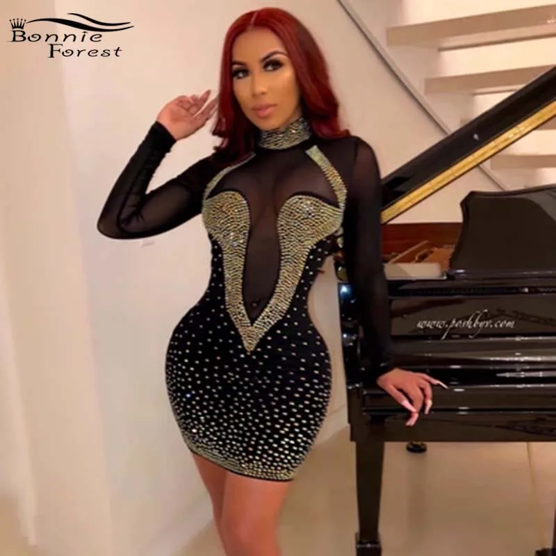 

Bonnie Forest Glitter Crystal Studded Mini Party Dress Womens Glam Beautiful Crystal-Embellished Mesh Insert Dress Wholesale