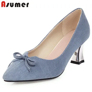 

ASUMER 2020 new arrive women pumps flock solid colors bowknot spring summer single shoes fashion elegant party shoes woman