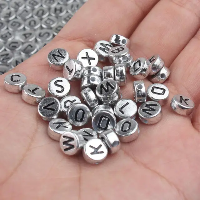 Mixed Letter Acrylic Beads Round Flat Alphabet Digital Cube Loose Spacer Beads For Jewelry Making Handmade Diy Bracelet Necklace 4x7mm Silver